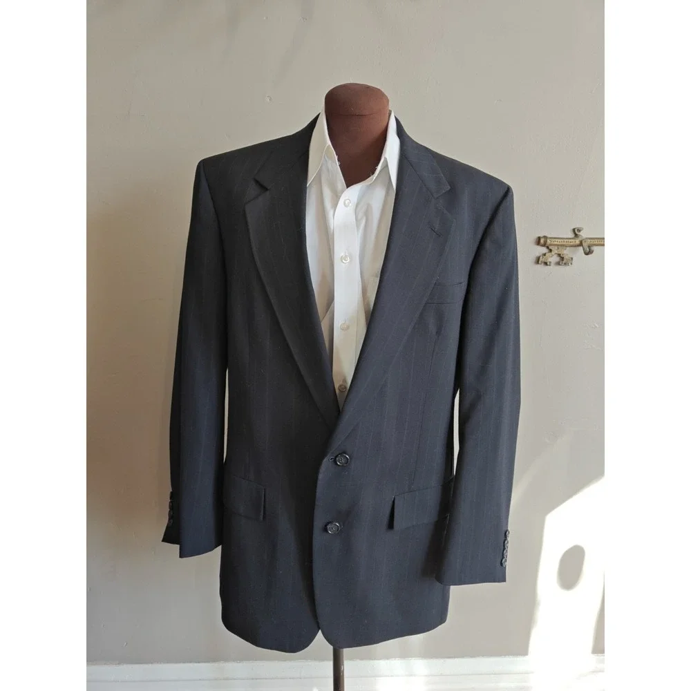 Hart Schaffner Marx Mens 42R Wool Sports Coat Dark Blue Pinstripe Made in USA